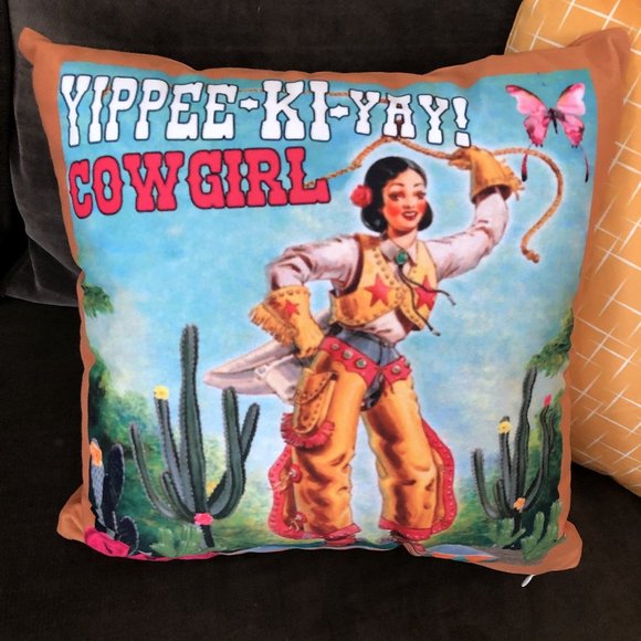 ✨ Western Retro Yippee Ki Yay Cowgirl Throw Pillow - Picture 4 of 8